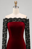 Burgundy Velvet Sereia Vestido Formal de Manga Longa com Renda