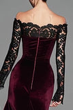 Burgundy Velvet Sereia Vestido Formal de Manga Longa com Renda