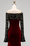 Burgundy Velvet Sereia Vestido Formal de Manga Longa com Renda