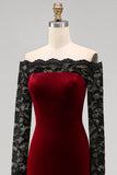 Burgundy Velvet Sereia Vestido Formal de Manga Longa com Renda