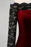 Burgundy Velvet Sereia Vestido Formal de Manga Longa com Renda