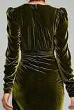 Bainha de azeitona V-neck Ruched Velvet Long Formal Dress com fenda