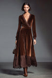 Café Veludo A-Line Vestido Formal de Manga Longa com Renda
