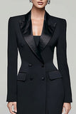 Preto Pico Lapela Peito Duplo Blazer Feminino Vestido com Fenda