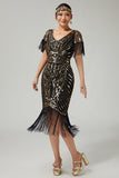 Vestido preto dourado V-neck 1920s com lantejoulas e franjas