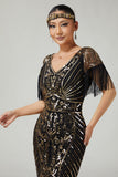 Vestido preto dourado V-neck 1920s com lantejoulas e franjas