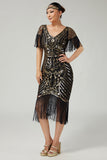 Vestido preto dourado V-neck 1920s com lantejoulas e franjas