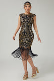 Franja Sequined Bodycon Preto Dourado 1920s Vestido
