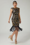 Franja Sequined Bodycon Preto Dourado 1920s Vestido