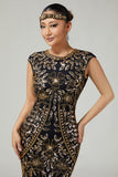 Franja Sequined Bodycon Preto Dourado 1920s Vestido