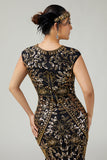 Franja Sequined Bodycon Preto Dourado 1920s Vestido
