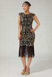 Franja Sequined Bodycon Preto Dourado 1920s Vestido