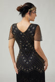 Preto dourado riered vestido franjado 1920s com missangas