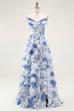 Flor Azul Branca A-Line Tiered Corset Long Prom Dress com Fenda