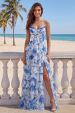 ZAPAKA Mulheres Vestido de Baile Comprido Flor Branco Azul com Alças Finas e Racha
