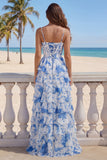 Vestido de Baile Comprido Branca e Azul com Floral Alças Finas em Camadas e Racha