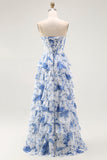 Flor Azul Branca A-Line Tiered Corset Long Prom Dress com Fenda