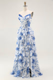 Flor Azul Branca A-Line Tiered Corset Long Prom Dress com Fenda