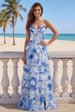 Vestido de Baile Comprido Branca e Azul com Floral Alças Finas em Camadas e Racha