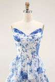Flor Azul Branca A-Line Tiered Corset Long Prom Dress com Fenda