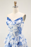 Flor Azul Branca A-Line Tiered Corset Long Prom Dress com Fenda