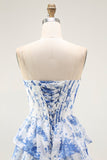 Flor Azul Branca A-Line Tiered Corset Long Prom Dress com Fenda
