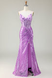 Sereia brilhante espartilho roxo apliqued vestido de baile com fenda