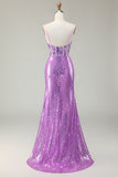 Sereia brilhante espartilho roxo apliqued vestido de baile com fenda