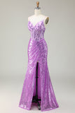 Sereia brilhante espartilho roxo apliqued vestido de baile com fenda