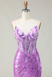Sereia brilhante espartilho roxo apliqued vestido de baile com fenda