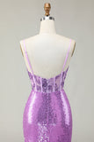 Sereia brilhante espartilho roxo apliqued vestido de baile com fenda