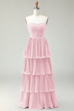 Blush Rosa A-Line Strapless plissado vestido longo da dama de honra