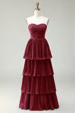 Strapless Dusty Blue A-Line plissado Tiered Long Bridesmaid Dress