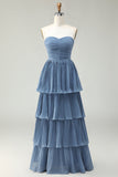 Strapless Dusty Blue A-Line plissado Tiered Long Bridesmaid Dress
