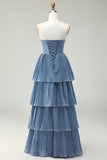 Strapless Dusty Blue A-Line plissado Tiered Long Bridesmaid Dress