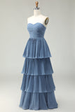 Strapless Dusty Blue A-Line plissado Tiered Long Bridesmaid Dress
