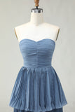 Strapless Dusty Blue A-Line plissado Tiered Long Bridesmaid Dress