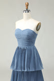 Strapless Dusty Blue A-Line plissado Tiered Long Bridesmaid Dress