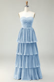 Blush Rosa A-Line Strapless plissado vestido longo da dama de honra