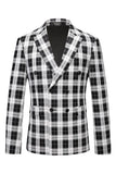 Preto e Branco Pico Lapela Duplo Peito Xadrez Blazer Masculino