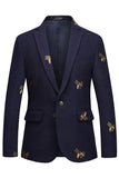 Navy Notched Lapela Um Botão Bordado Blazer Masculino