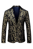 Blazer Masculino Preto Dourado Notched Lapela Estampado