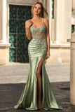 Vestido de baile longo de finalistas com alças finas de sereias verdes com alças finas de sereia e alças finas
