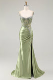 Vestido de baile longo de finalistas com alças finas de sereias verdes com alças finas de sereia e alças finas