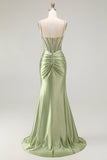 Vestido de baile longo de finalistas com alças finas de sereias verdes com alças finas de sereia e alças finas