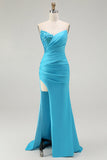 Brilhante Azul Sereia Plissado Longo Vestido De Baile Com Fenda