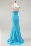 Brilhante Azul Sereia Plissado Longo Vestido De Baile Com Fenda