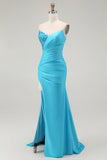 Brilhante Azul Sereia Plissado Longo Vestido De Baile Com Fenda