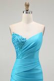 Brilhante Azul Sereia Plissado Longo Vestido De Baile Com Fenda