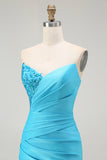 Brilhante Azul Sereia Plissado Longo Vestido De Baile Com Fenda